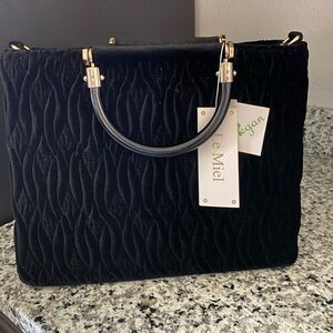 Black Quilted Velvet Top-Handle Bag